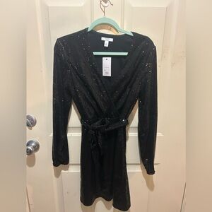 Black sequin faux wrap dress